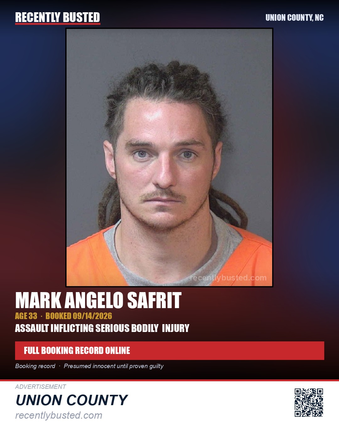 SAFRIT, MARK ANGELO — arrest record card, Union County, North Carolina