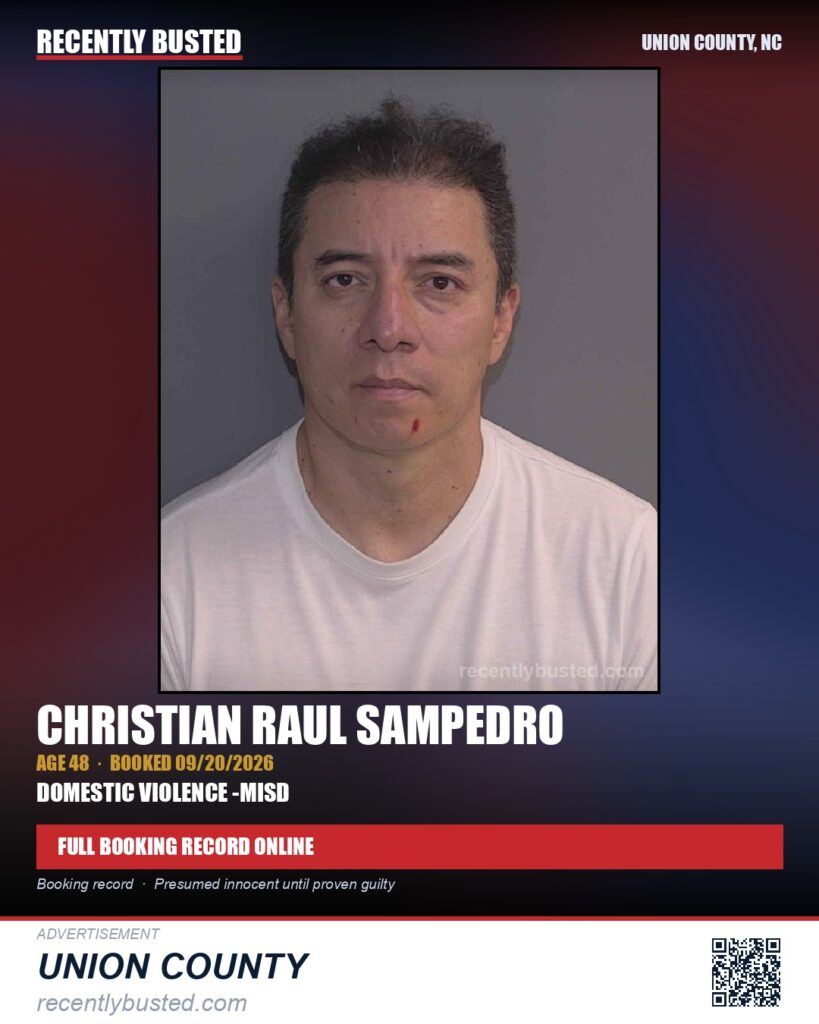 SAMPEDRO, CHRISTIAN RAUL — arrest record card, Union County, North Carolina