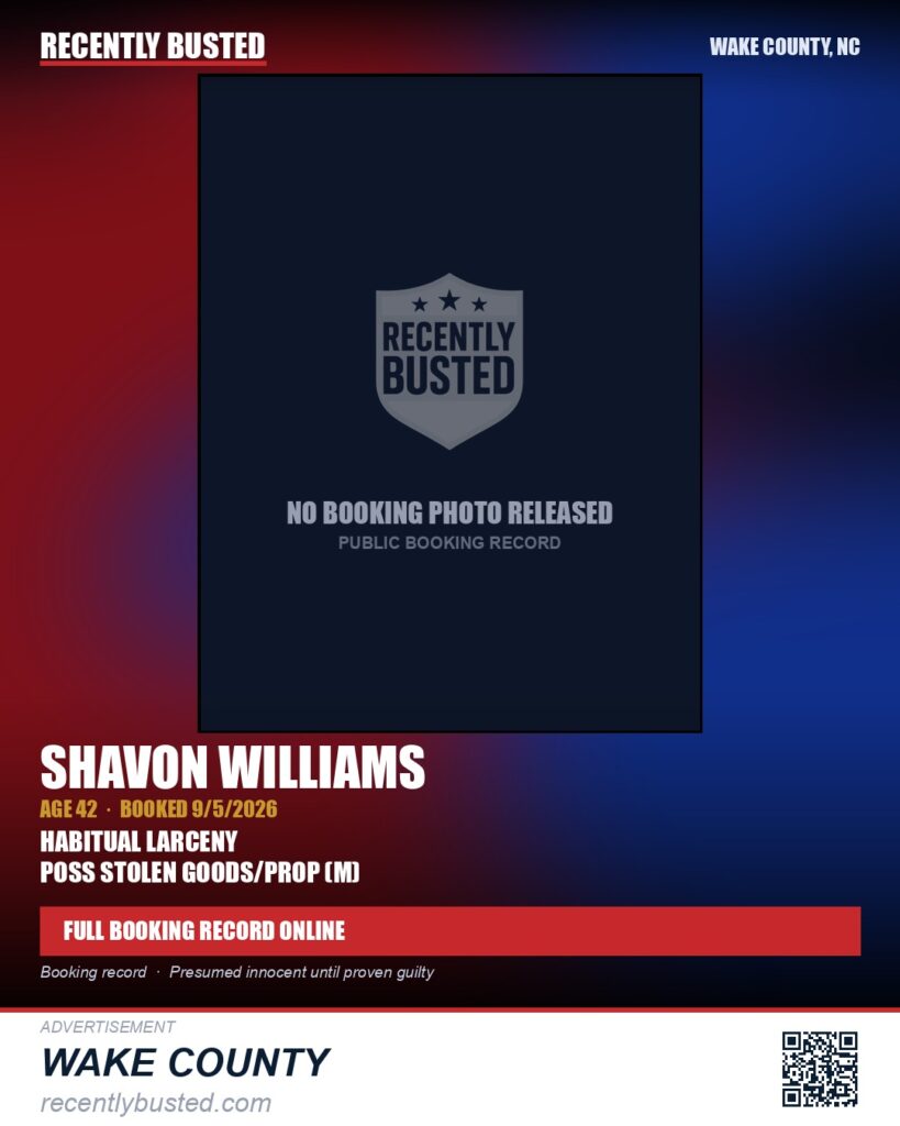 SHAVON WILLIAMS — arrest record card, Wake County, North Carolina