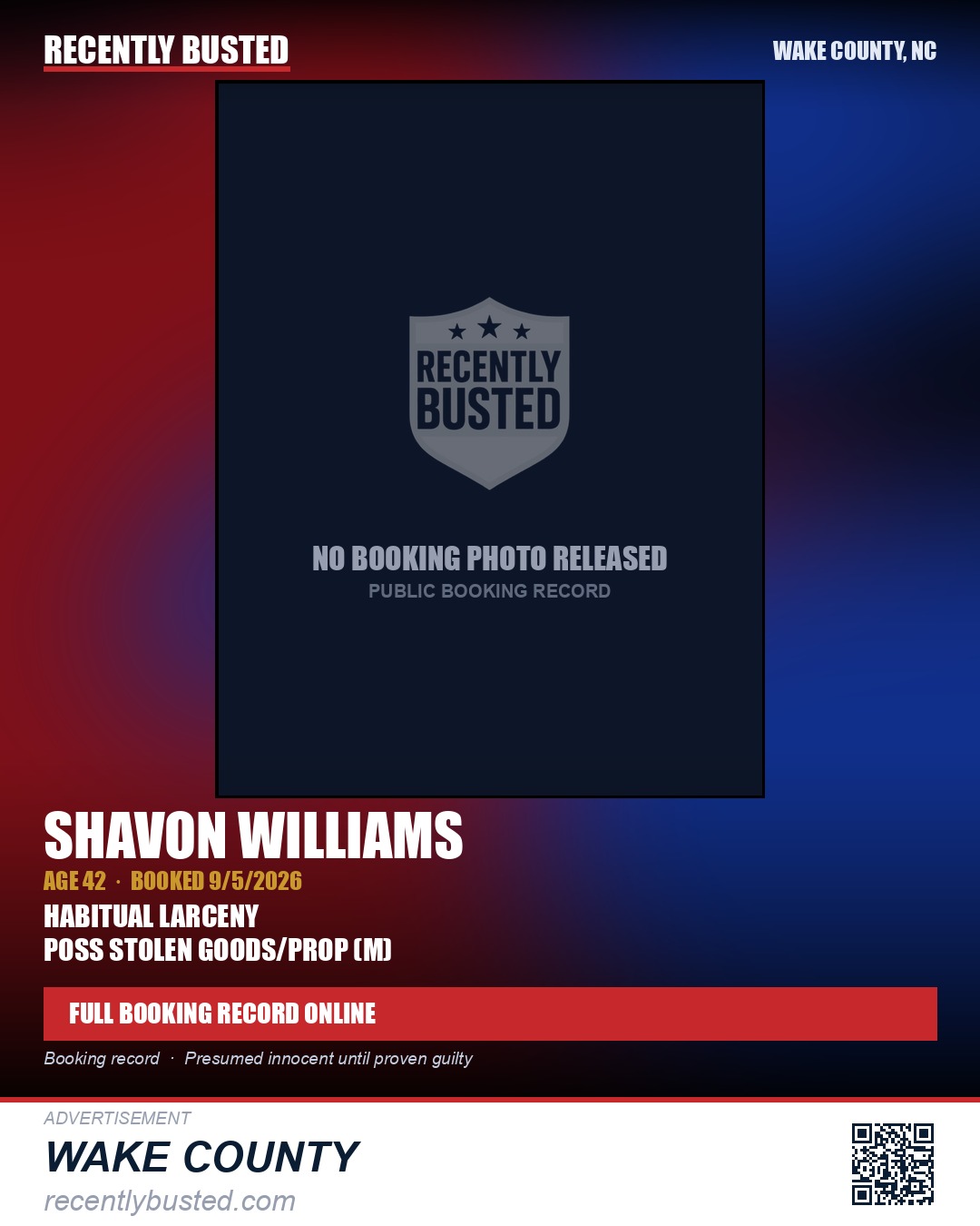 SHAVON WILLIAMS — arrest record card, Wake County, North Carolina