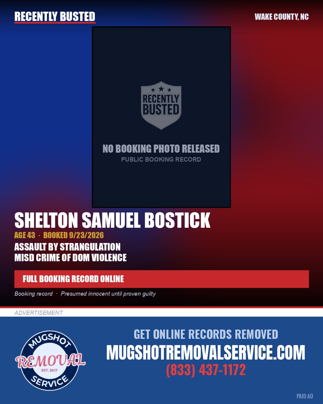 SHELTON SAMUEL BOSTICK — arrest record card, Wake County, North Carolina