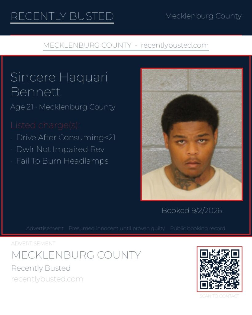 SINCERE HAQUARI BENNETT — arrest record card, Mecklenburg County, North Carolina