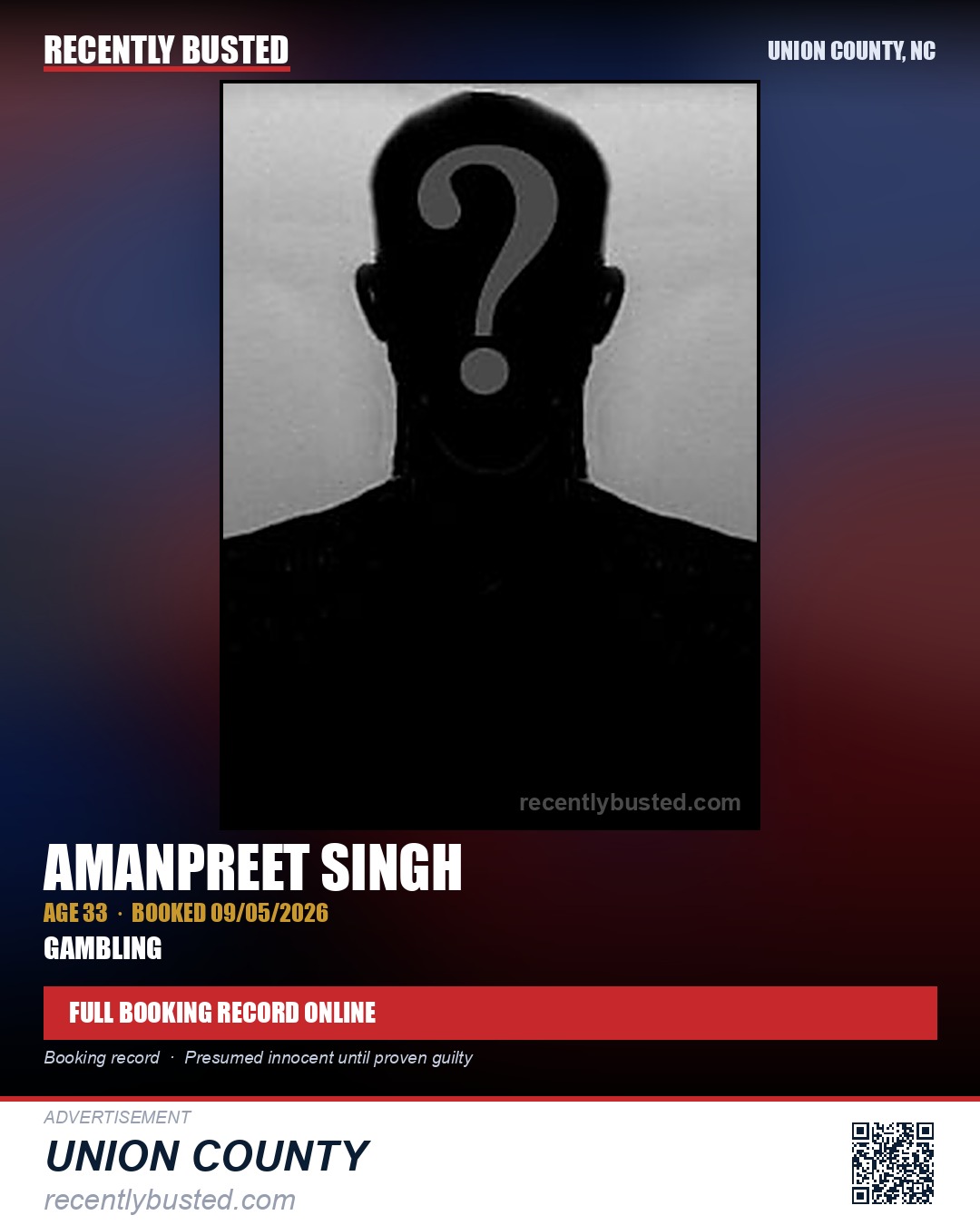 SINGH, AMANPREET — arrest record card, Union County, North Carolina