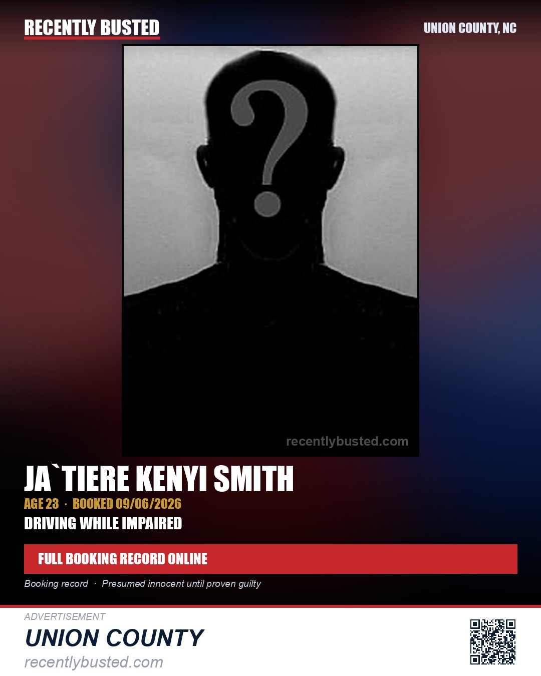 SMITH, JA`TIERE KENYI — arrest record card, Union County, North Carolina