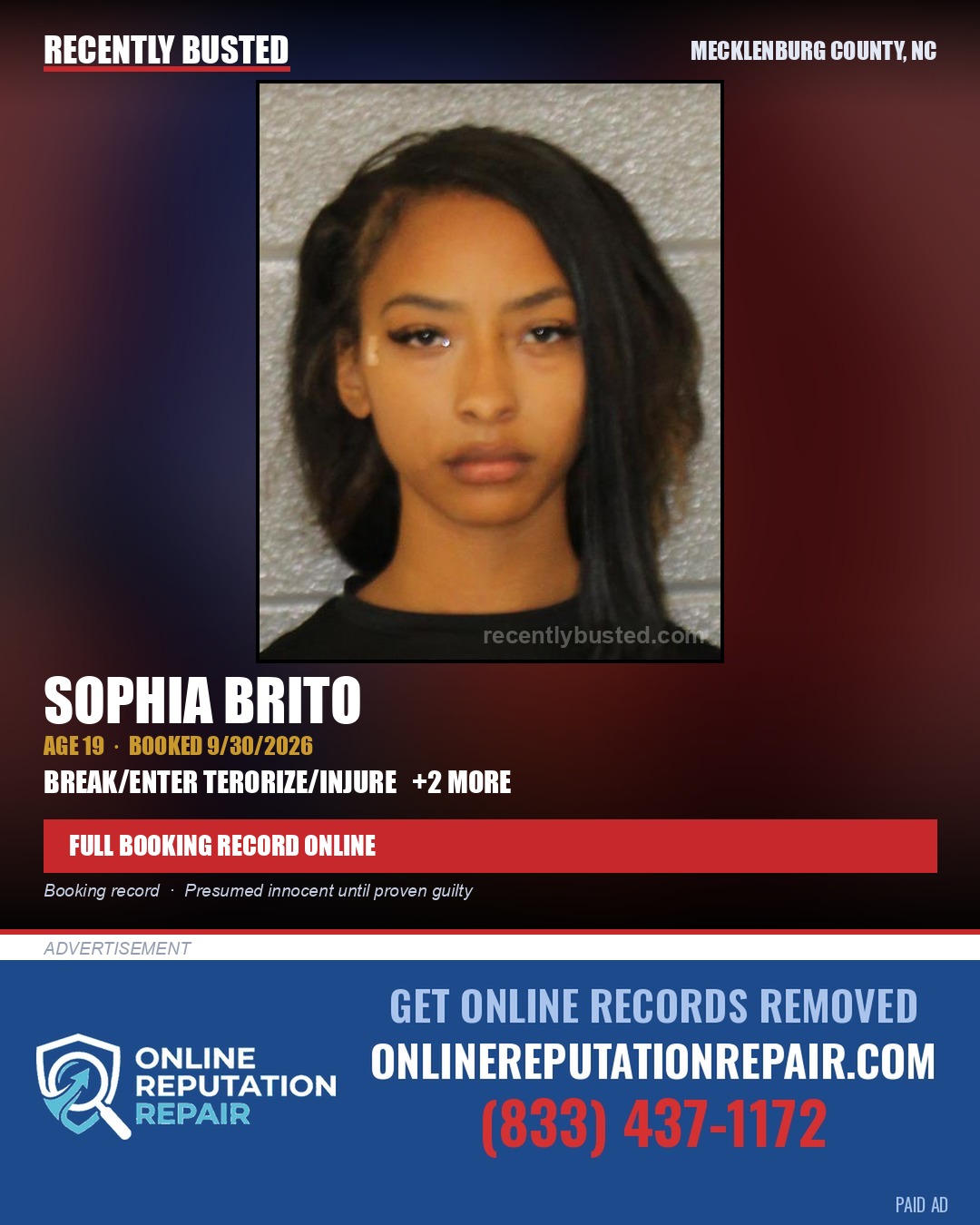 SOPHIA BRITO — arrest record card, Mecklenburg County, North Carolina