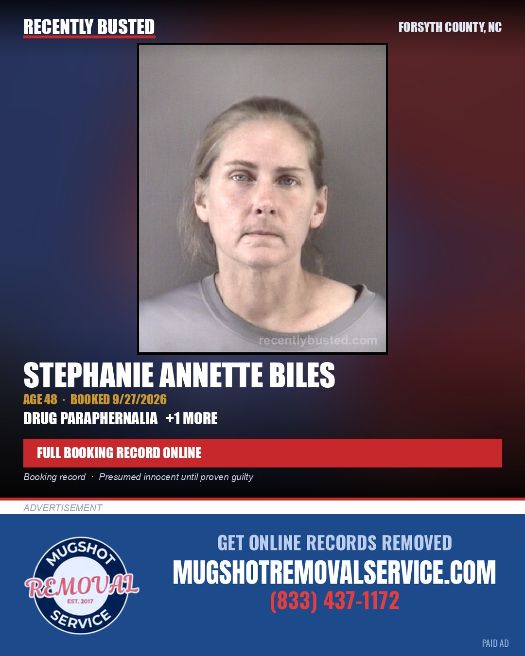 STEPHANIE ANNETTE BILES — arrest record card, Forsyth County, North Carolina