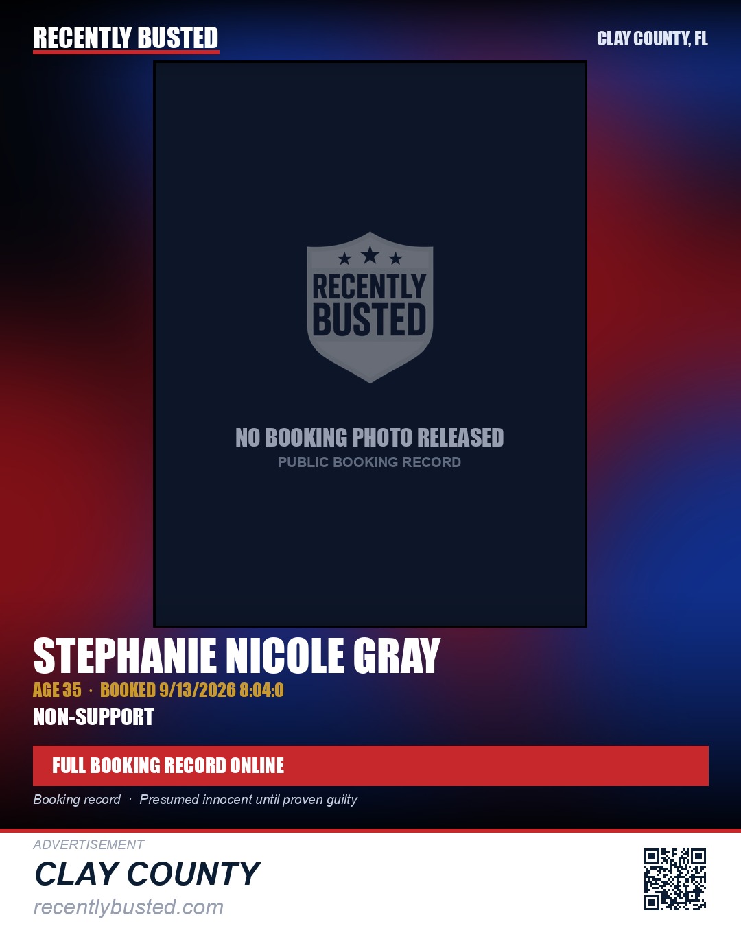 STEPHANIE NICOLE GRAY — arrest record card, Clay County, Florida