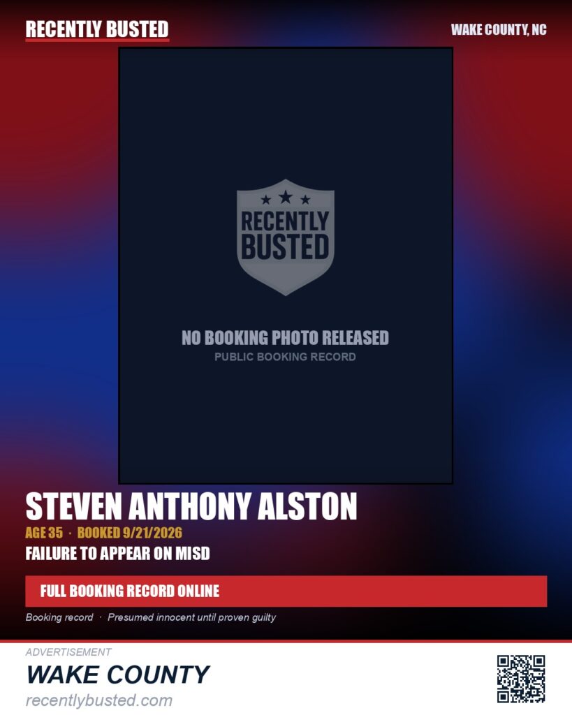 STEVEN ANTHONY ALSTON — arrest record card, Wake County, North Carolina
