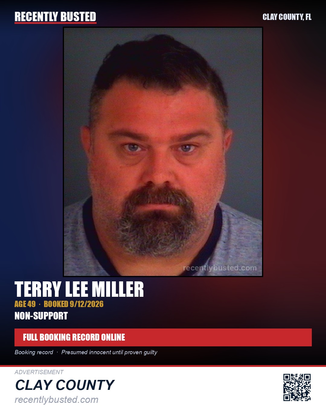 TERRY LEE MILLER — arrest record card, Clay County, Florida