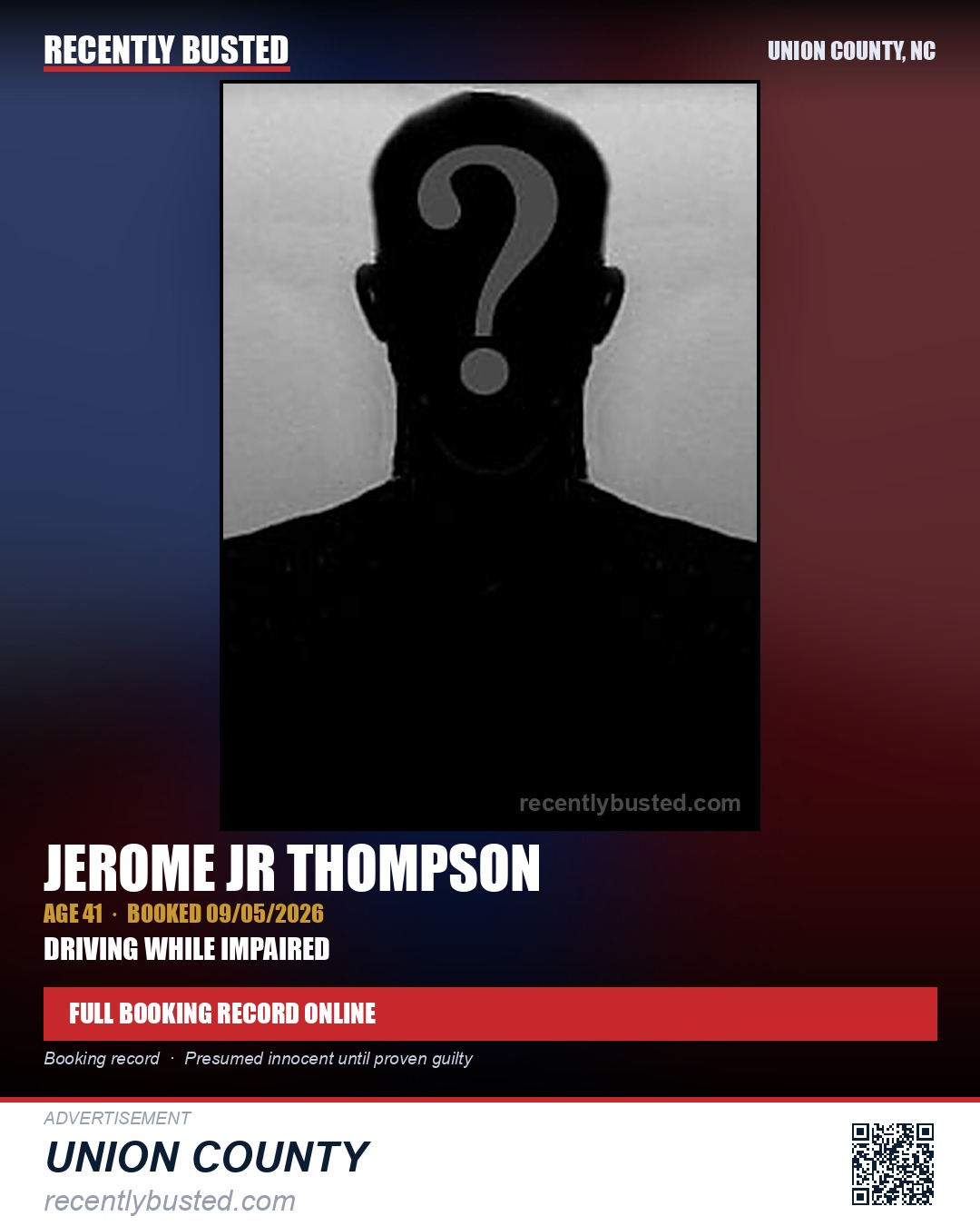 THOMPSON, JEROME JR — arrest record card, Union County, North Carolina