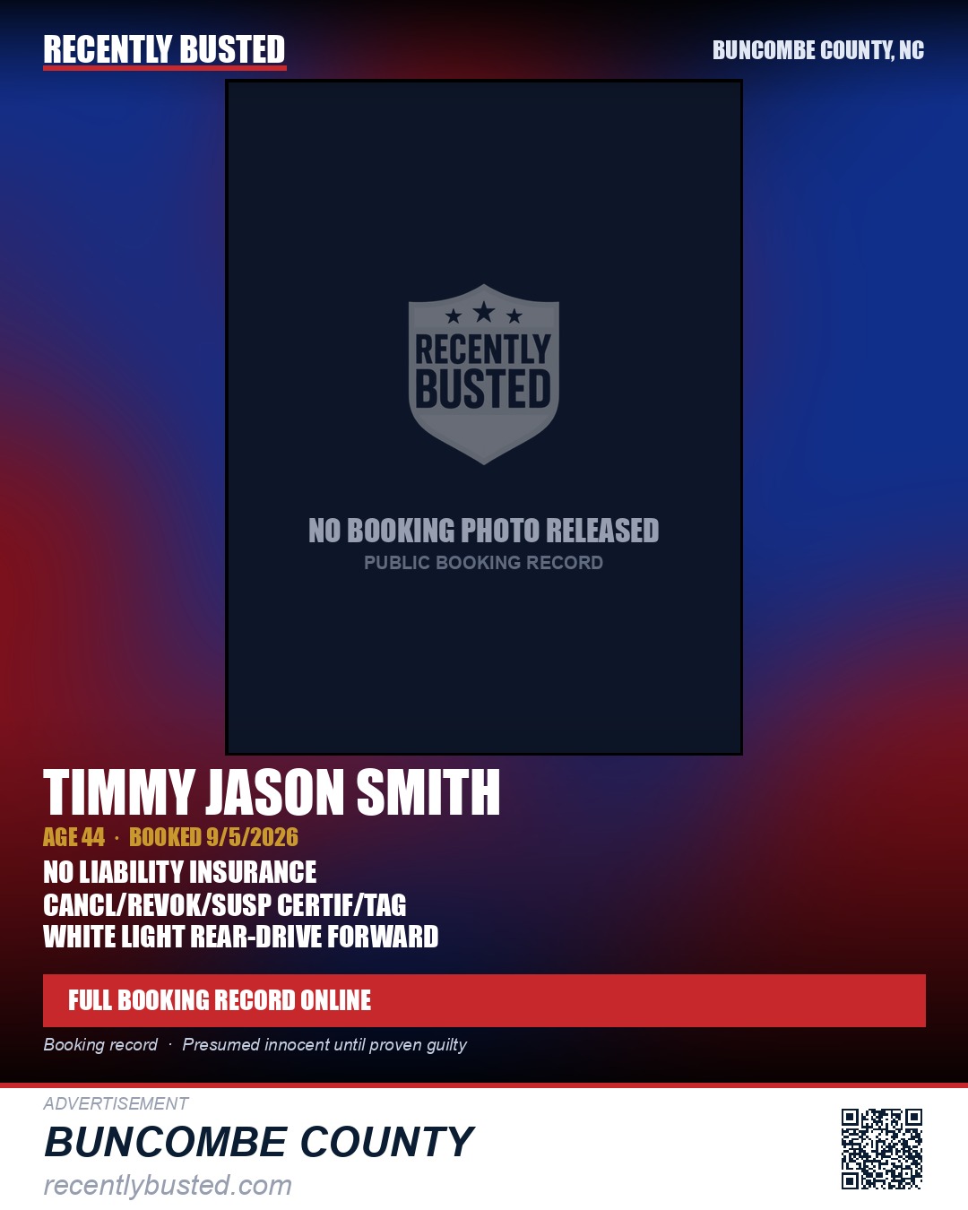 TIMMY JASON SMITH — arrest record card, Buncombe County, North Carolina