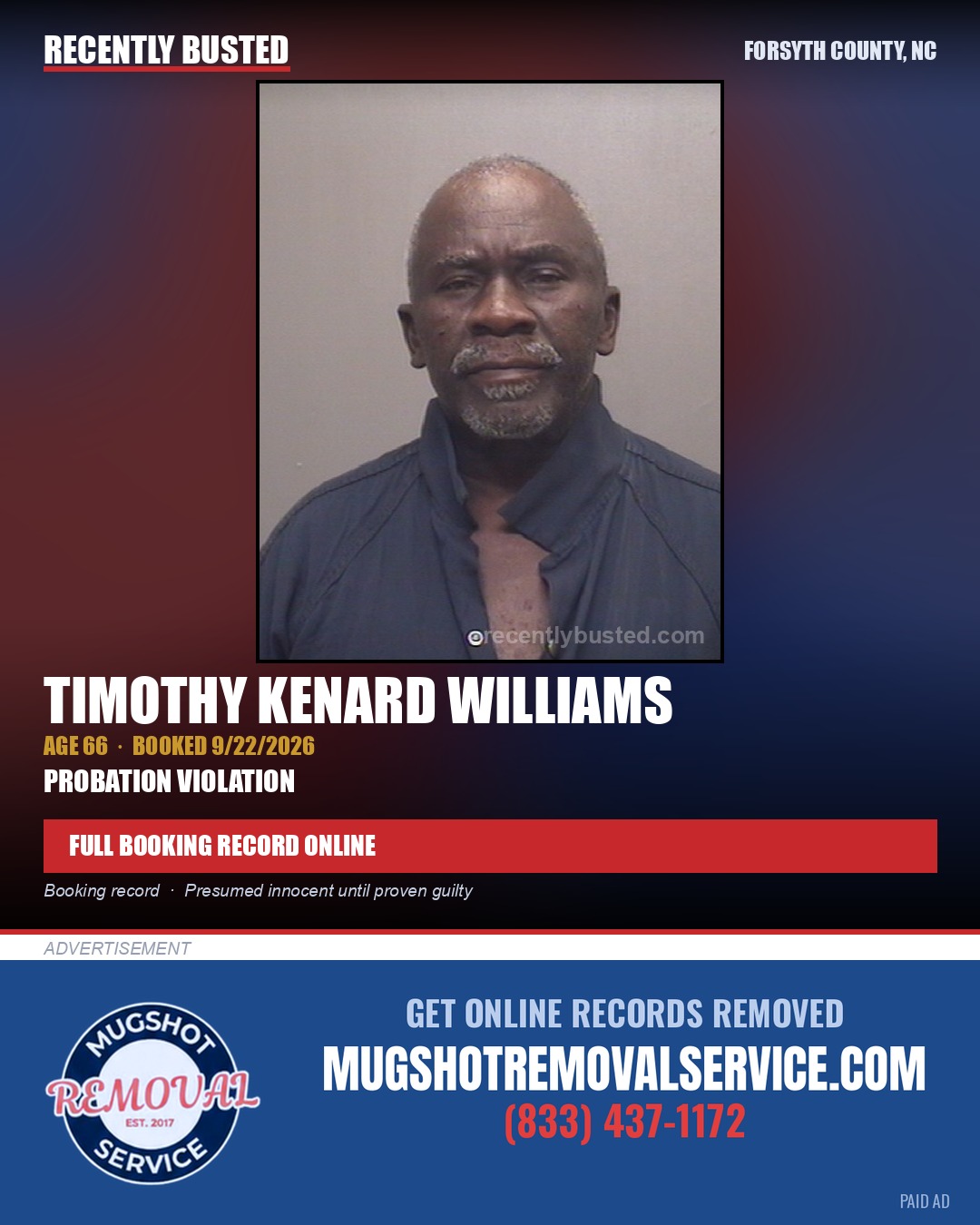 TIMOTHY KENARD WILLIAMS — arrest record card, Forsyth County, North Carolina