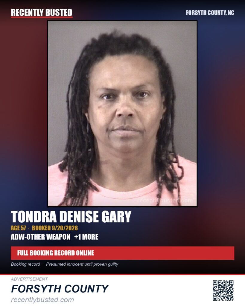 TONDRA DENISE GARY — arrest record card, Forsyth County, North Carolina
