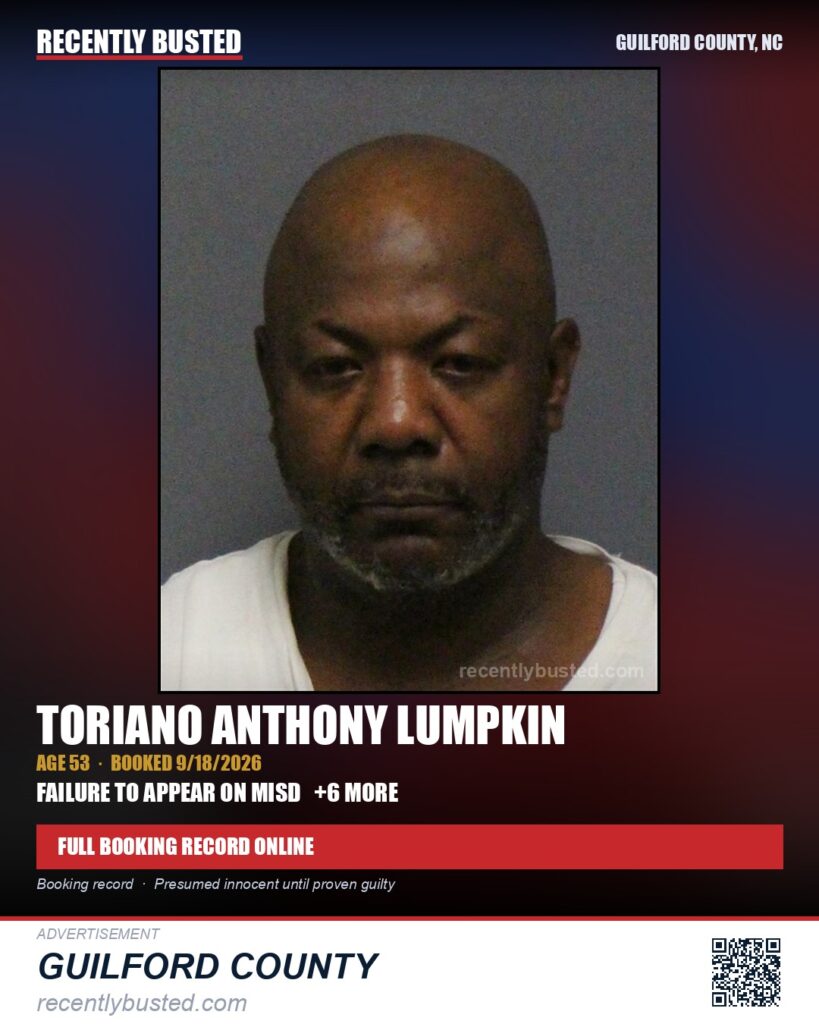 TORIANO ANTHONY LUMPKIN — arrest record card, Guilford County, North Carolina