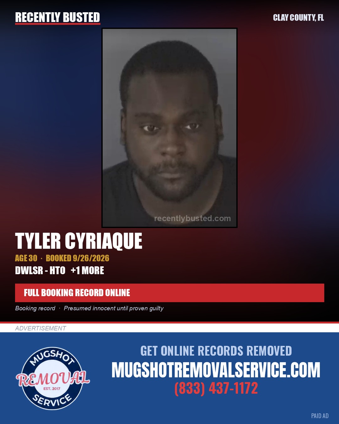TYLER CYRIAQUE — arrest record card, Clay County, Florida