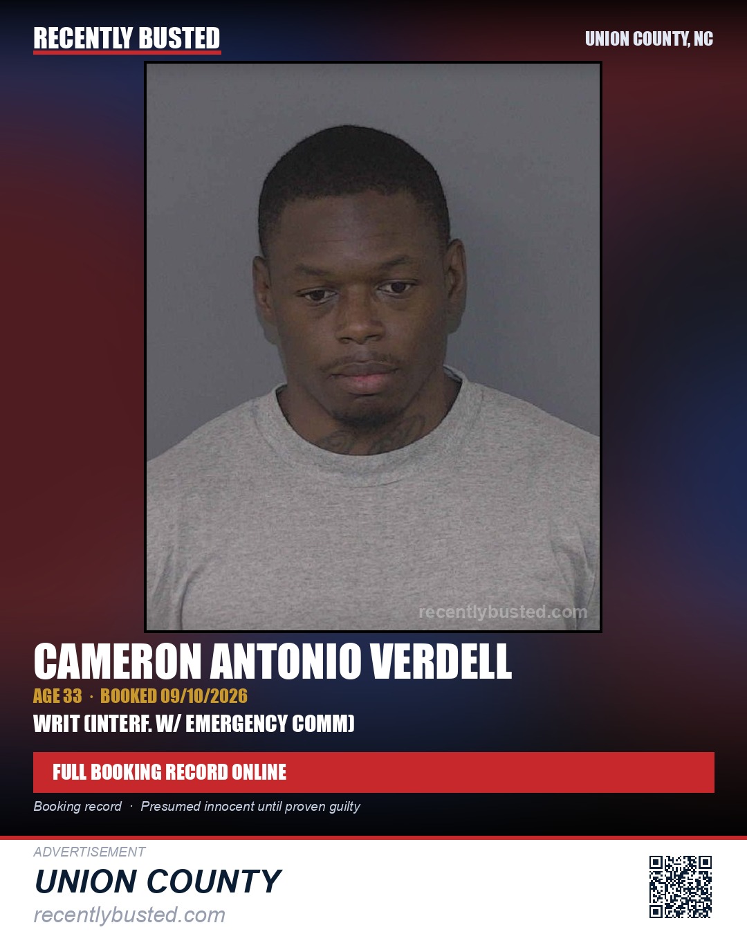 VERDELL, CAMERON ANTONIO — arrest record card, Union County, North Carolina