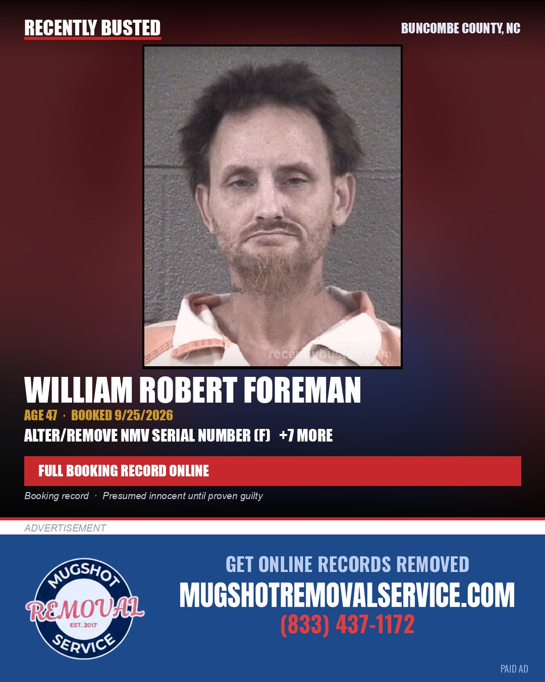 WILLIAM ROBERT FOREMAN — arrest record card, Buncombe County, North Carolina