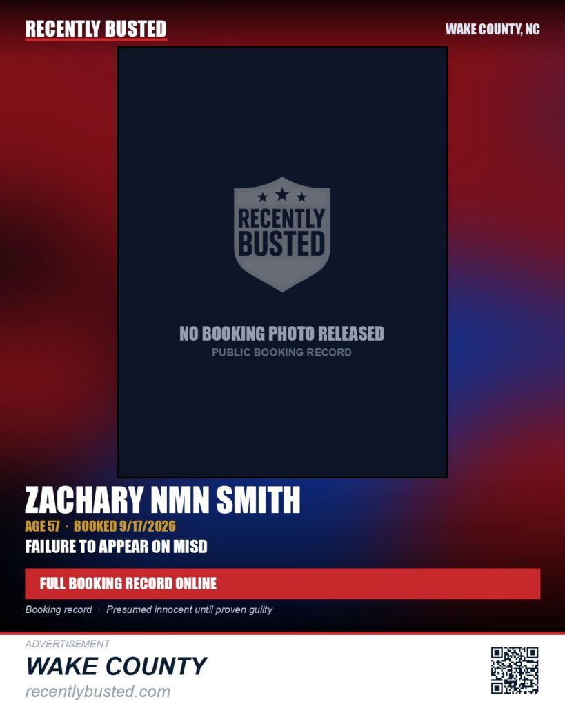 ZACHARY NMN SMITH — arrest record card, Wake County, North Carolina