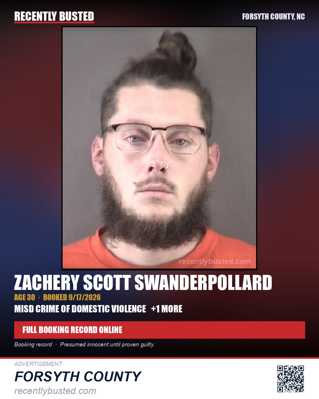 ZACHERY SCOTT SWANDERPOLLARD — arrest record card, Forsyth County, North Carolina