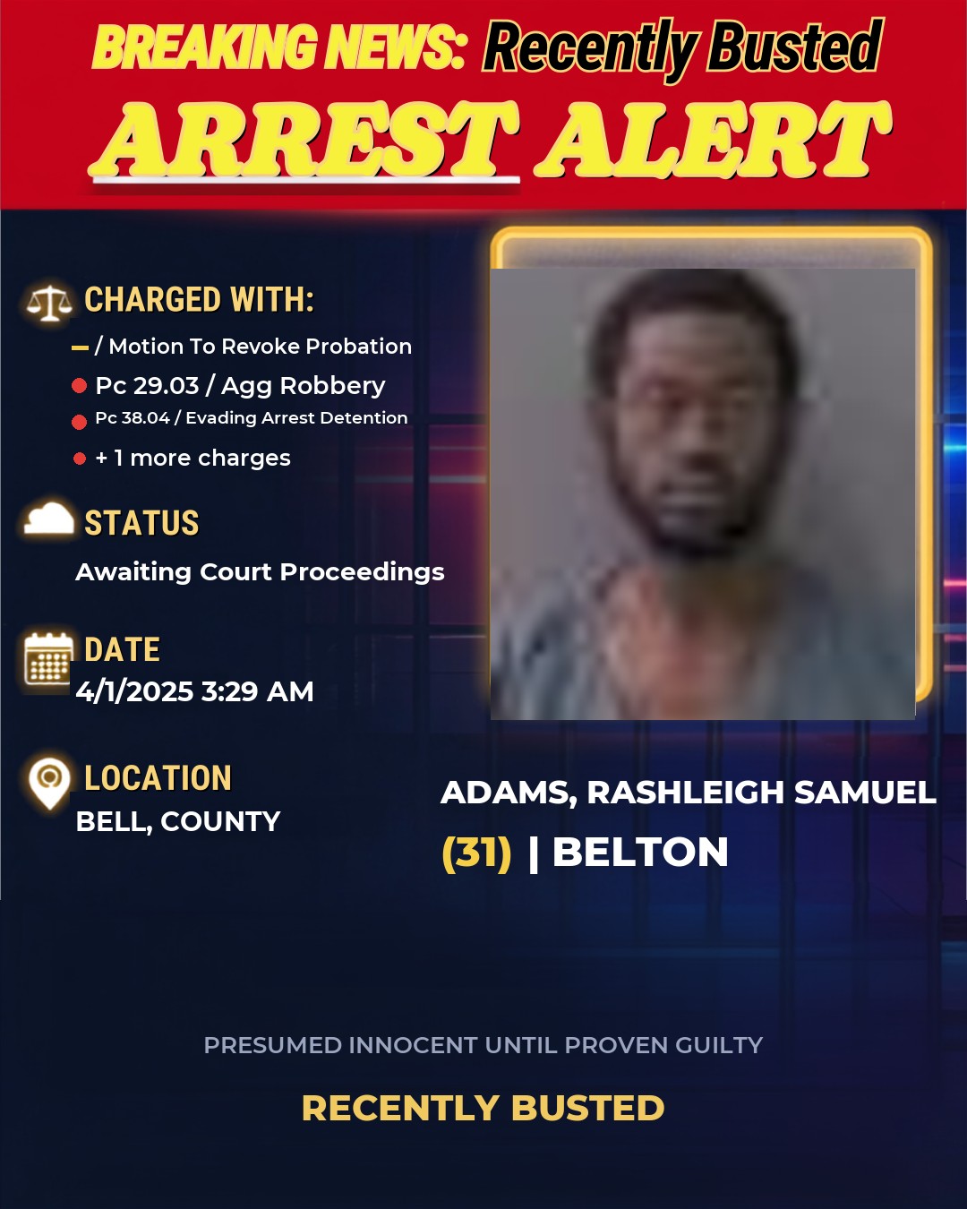 ADAMS, RASHLEIGH SAMUEL — arrest record card, Bell County