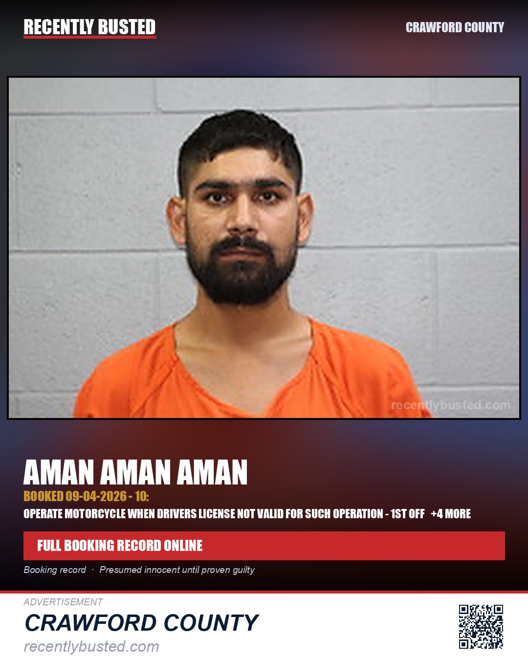 Aman, Aman Aman — arrest record card, Crawford County