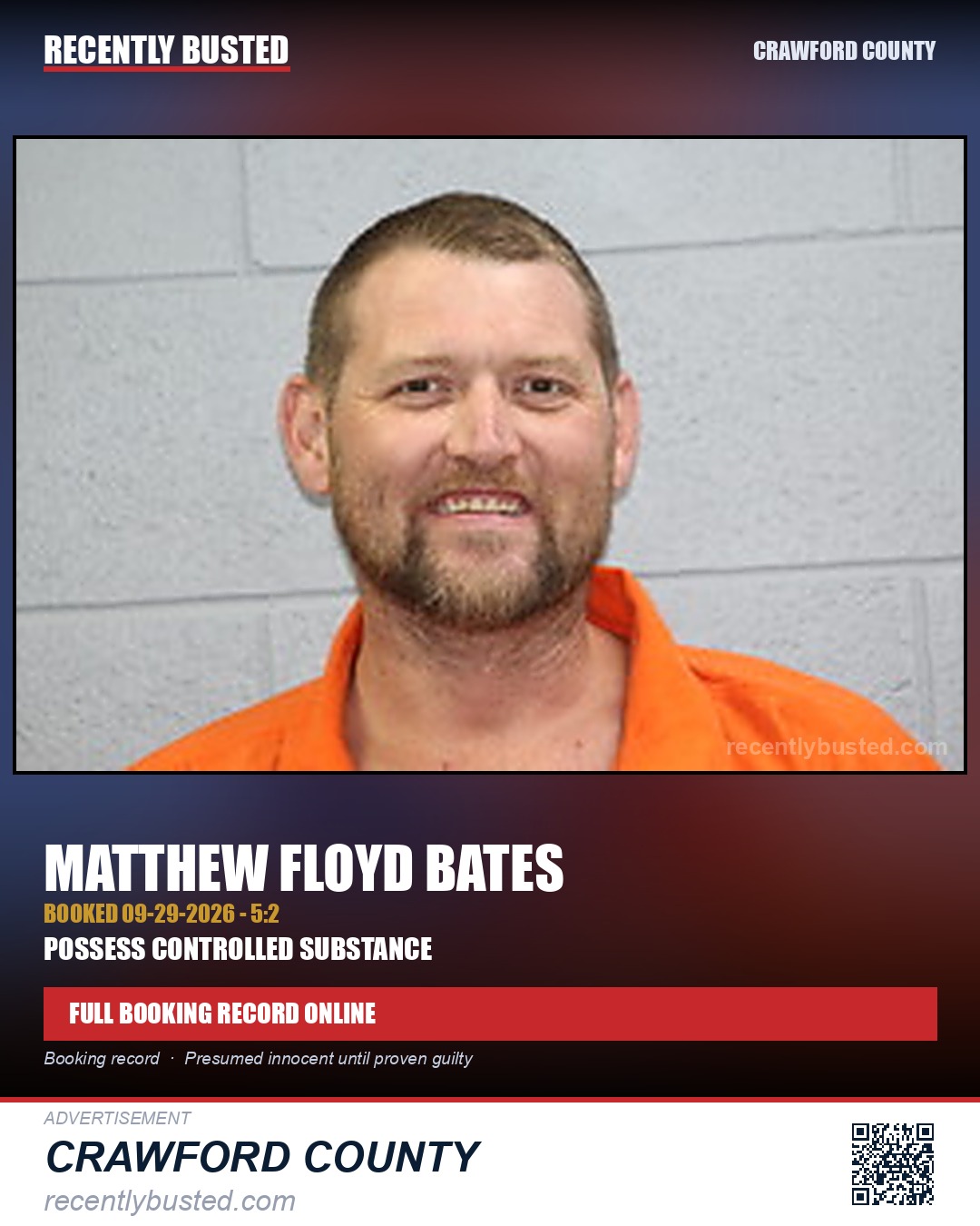 Bates, Matthew Floyd — arrest record card, Crawford County