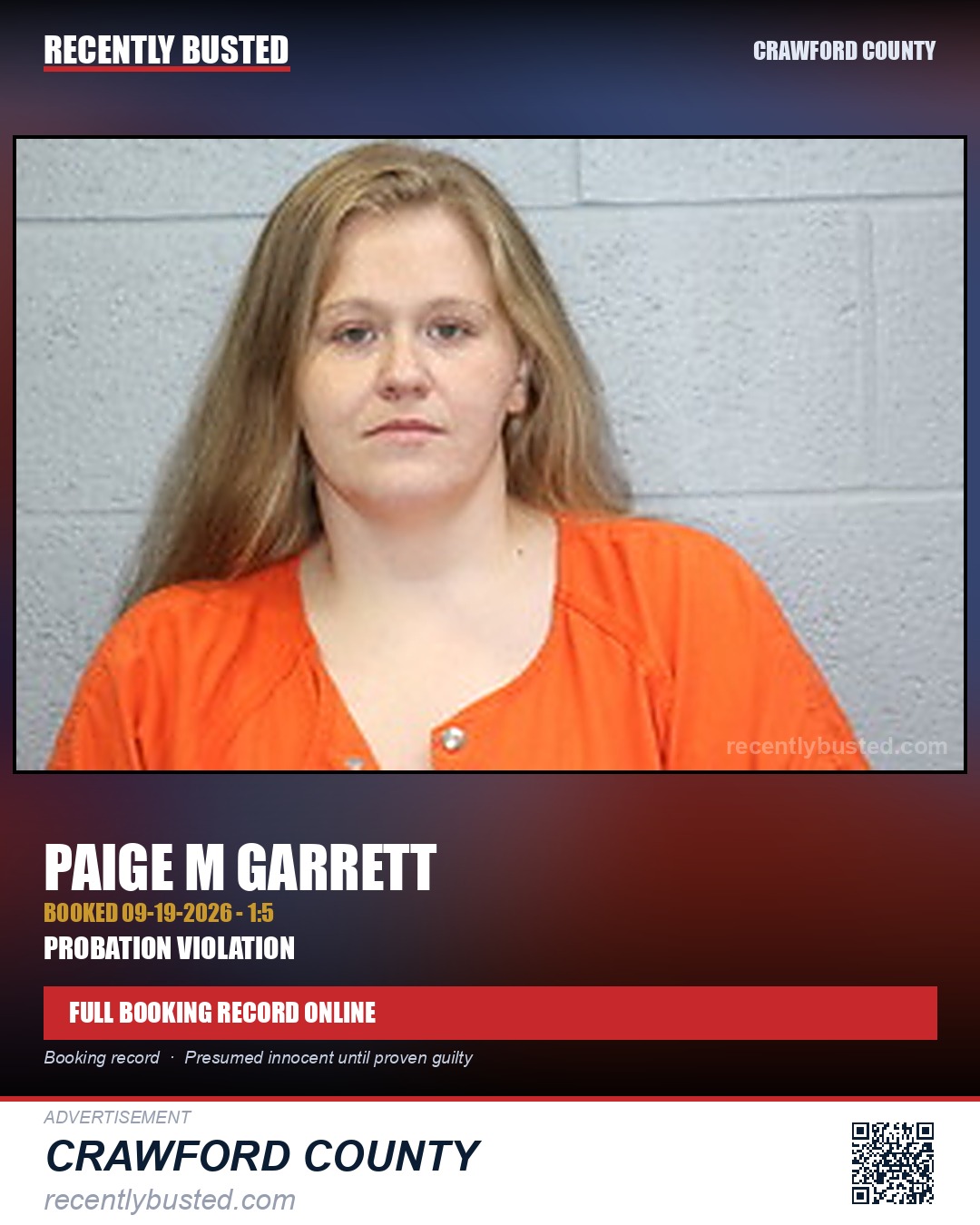 Garrett, Paige M — arrest record card, Crawford County
