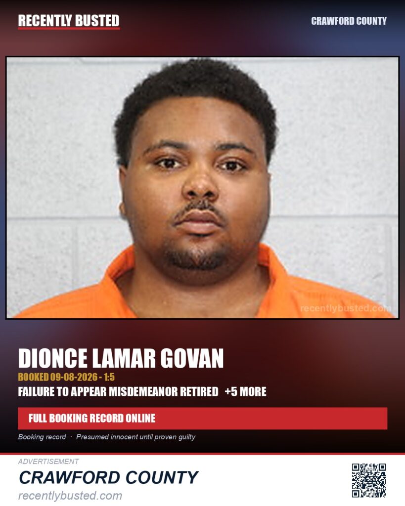 Govan, Dionce Lamar — arrest record card, Crawford County