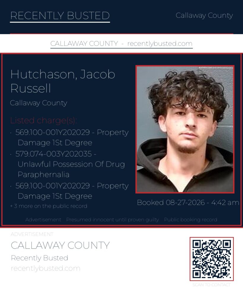 Hutchason, Jacob Russell — arrest record card, Callaway County
