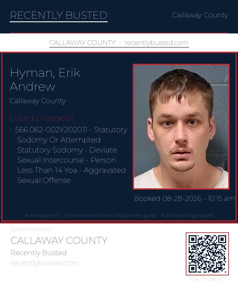 Hyman, Erik Andrew — arrest record card, Callaway County