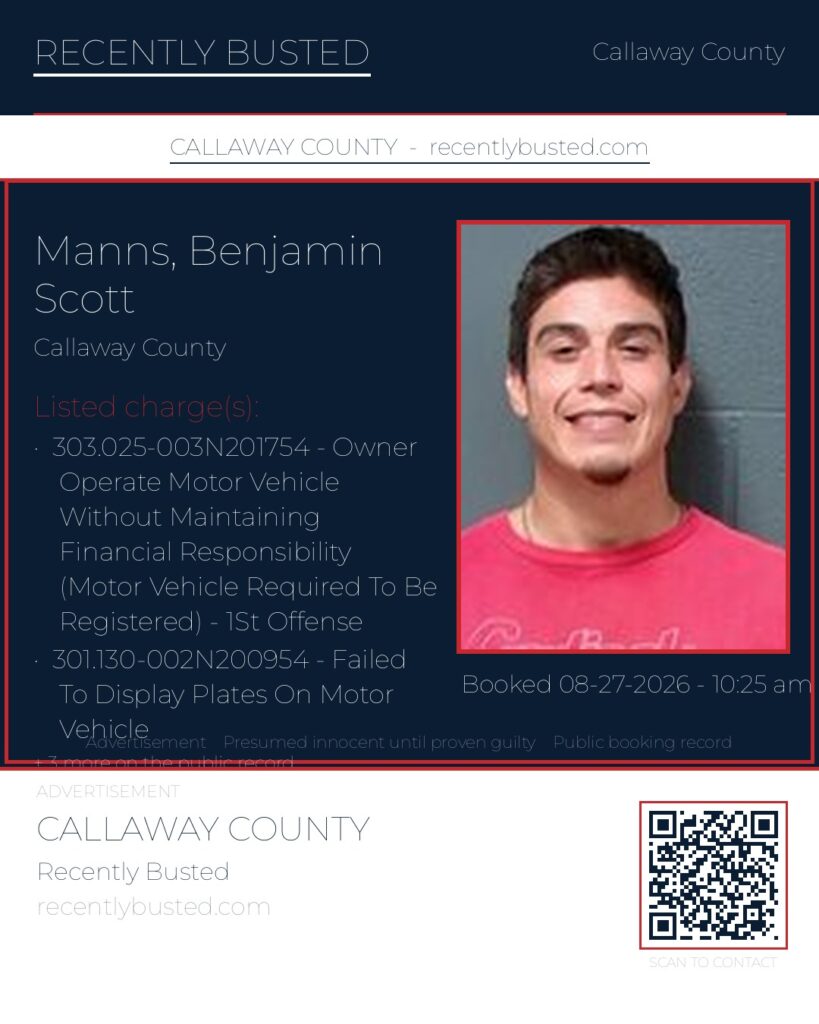 Manns, Benjamin Scott — arrest record card, Callaway County