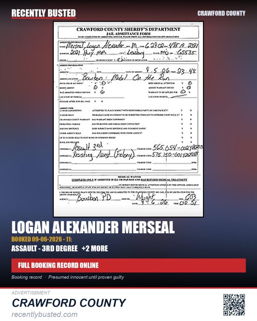 Merseal, Logan Alexander — arrest record card, Missouri