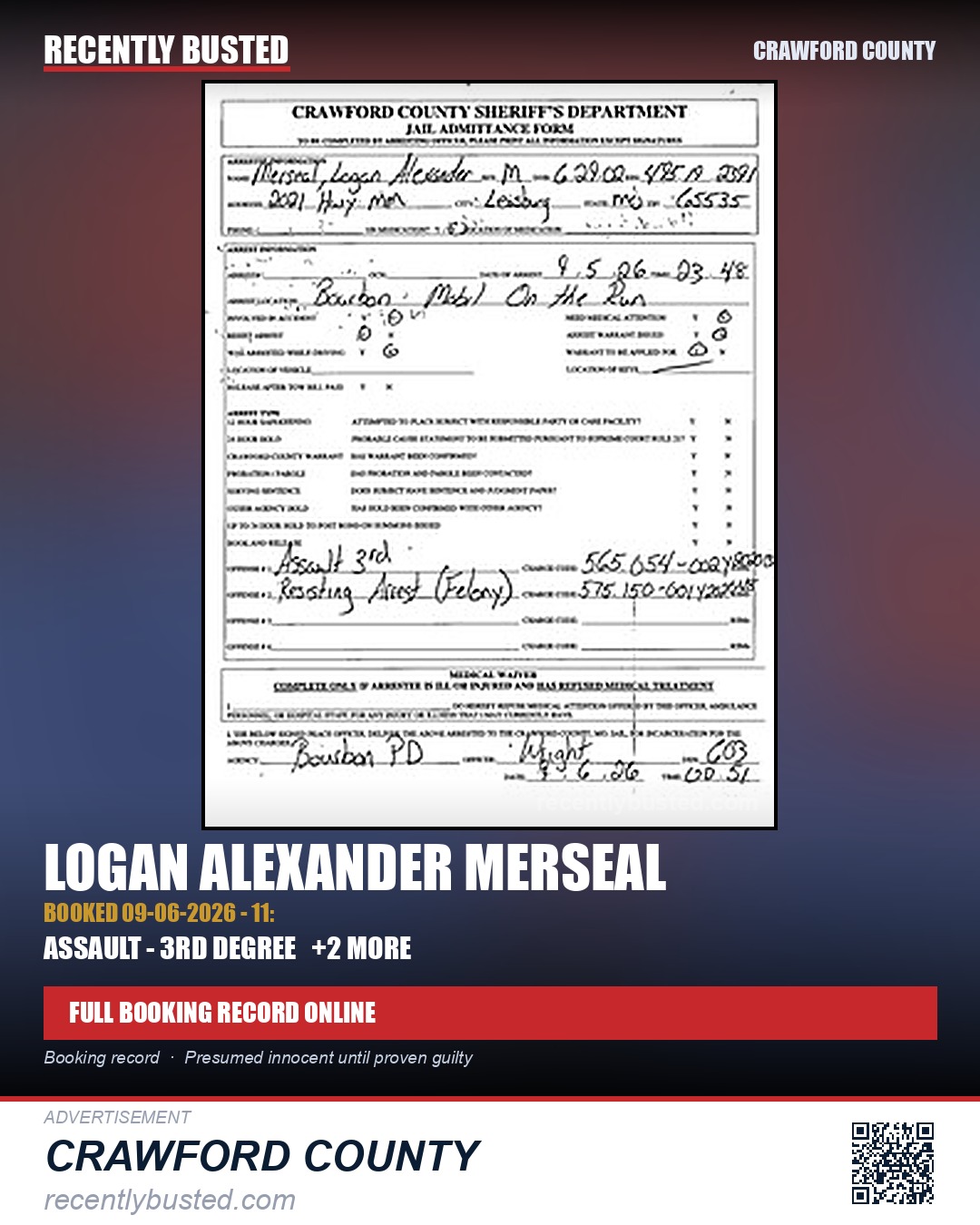 Merseal, Logan Alexander — arrest record card, Crawford County