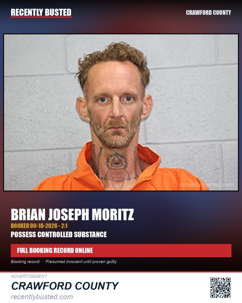 Moritz, Brian Joseph — arrest record card, Crawford County