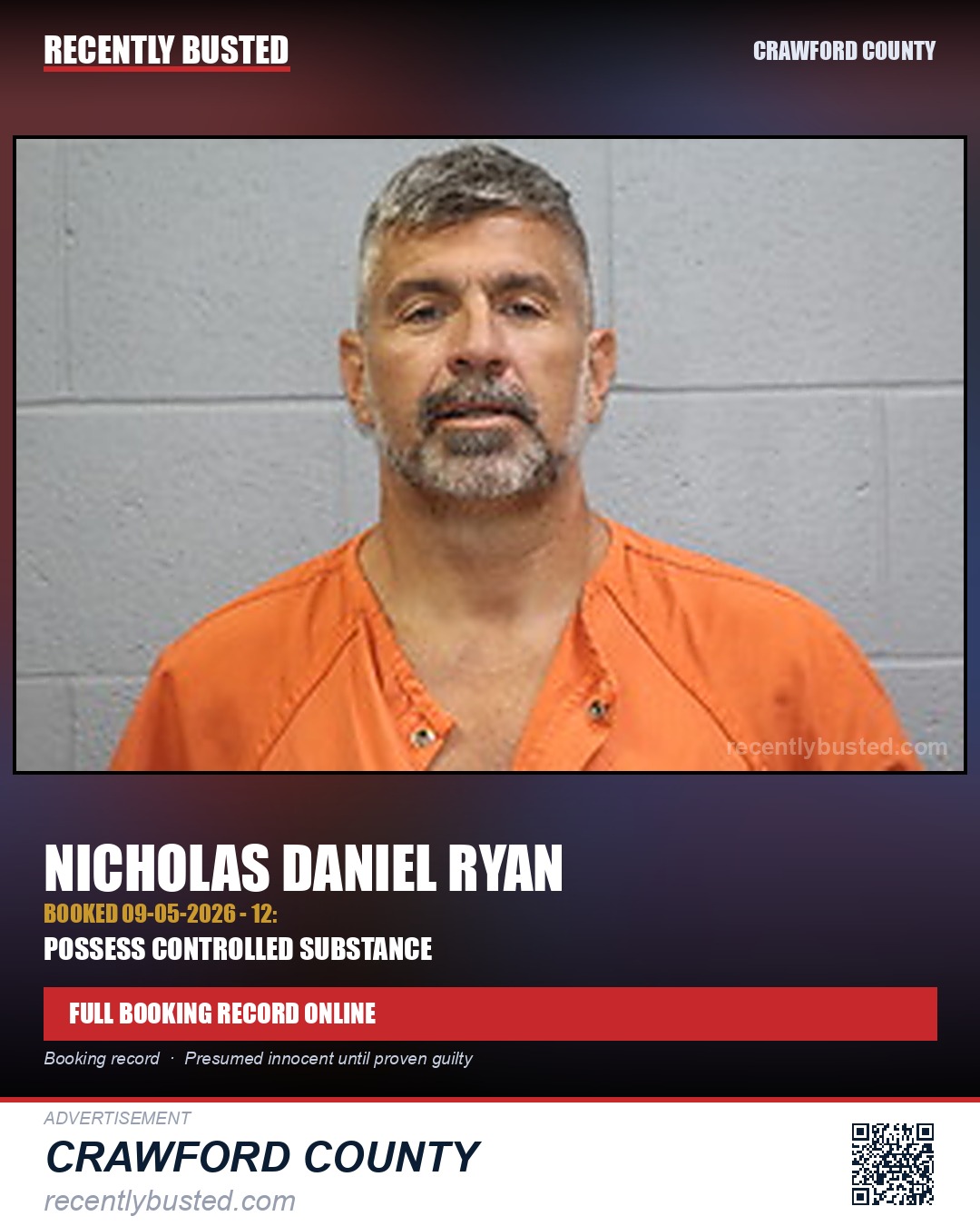 Ryan, Nicholas Daniel — arrest record card, Crawford County