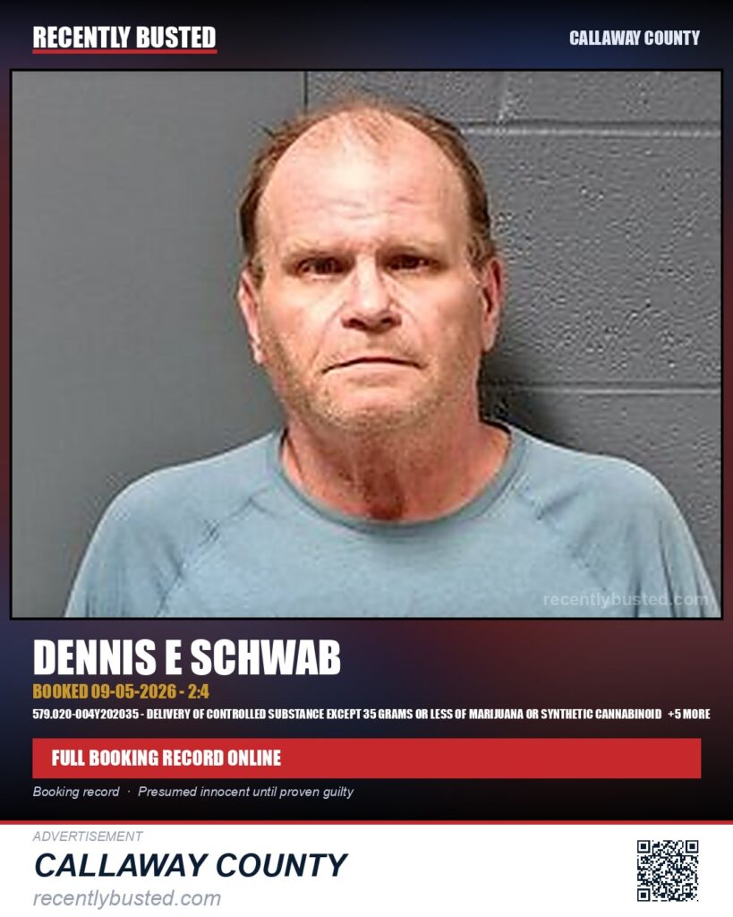 Schwab, Dennis E — arrest record card, Callaway County