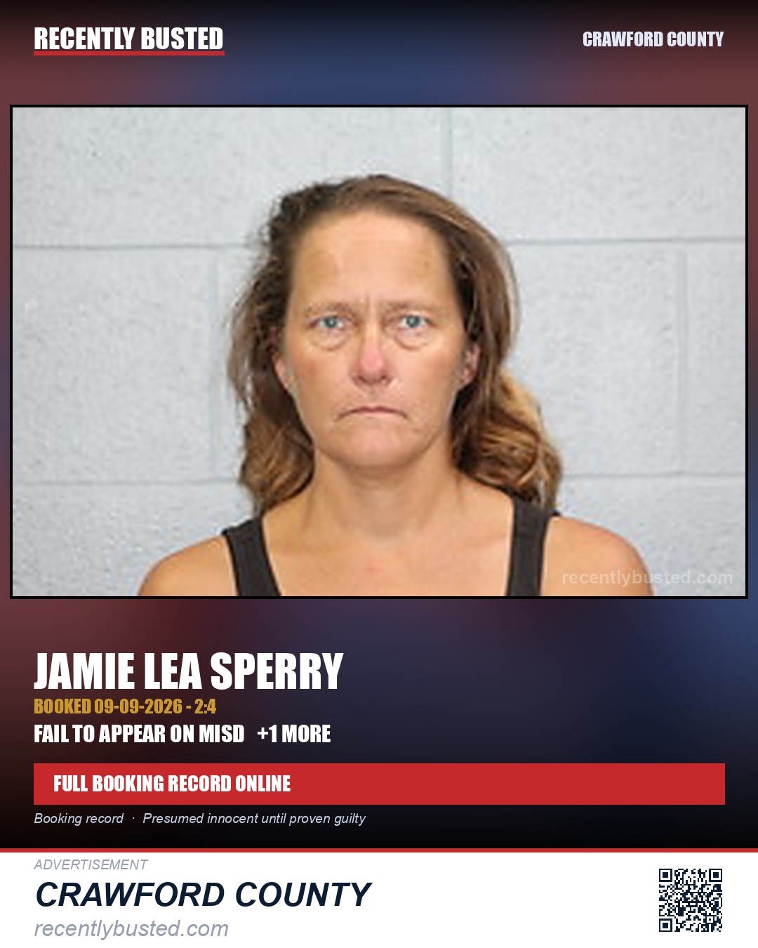 Sperry, Jamie Lea — arrest record card, Crawford County