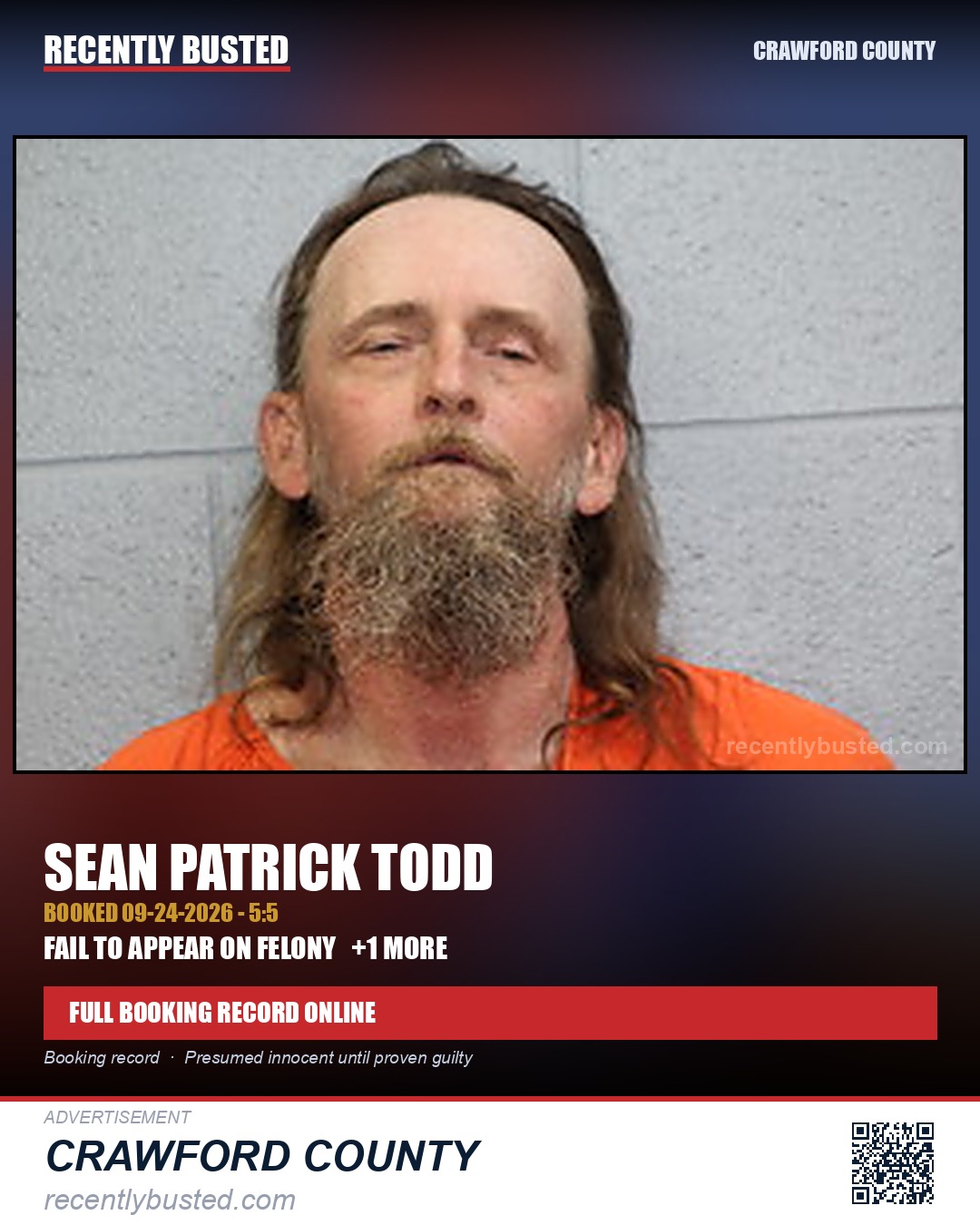 Todd, Sean Patrick — arrest record card, Crawford County
