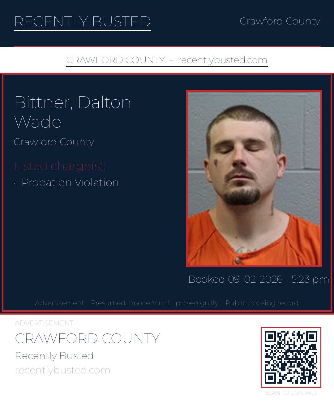 Bittner, Dalton Wade — arrest record card, Crawford County