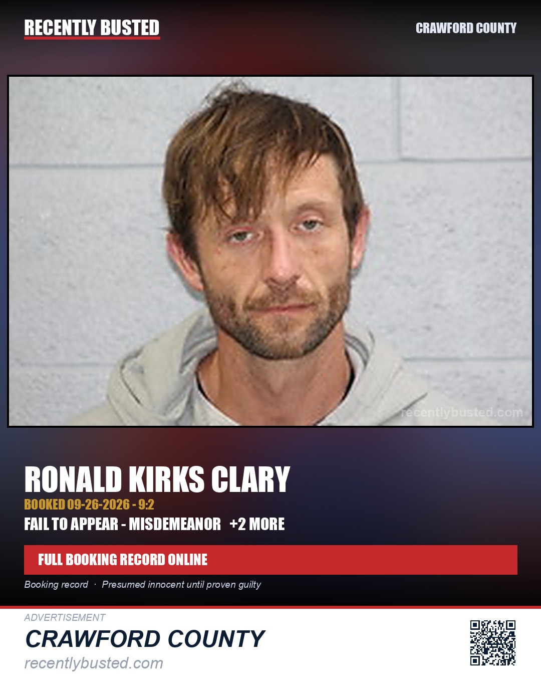 Clary, Ronald Kirks — arrest record card, Crawford County
