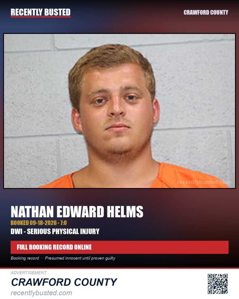 Helms, Nathan Edward — arrest record card, Crawford County