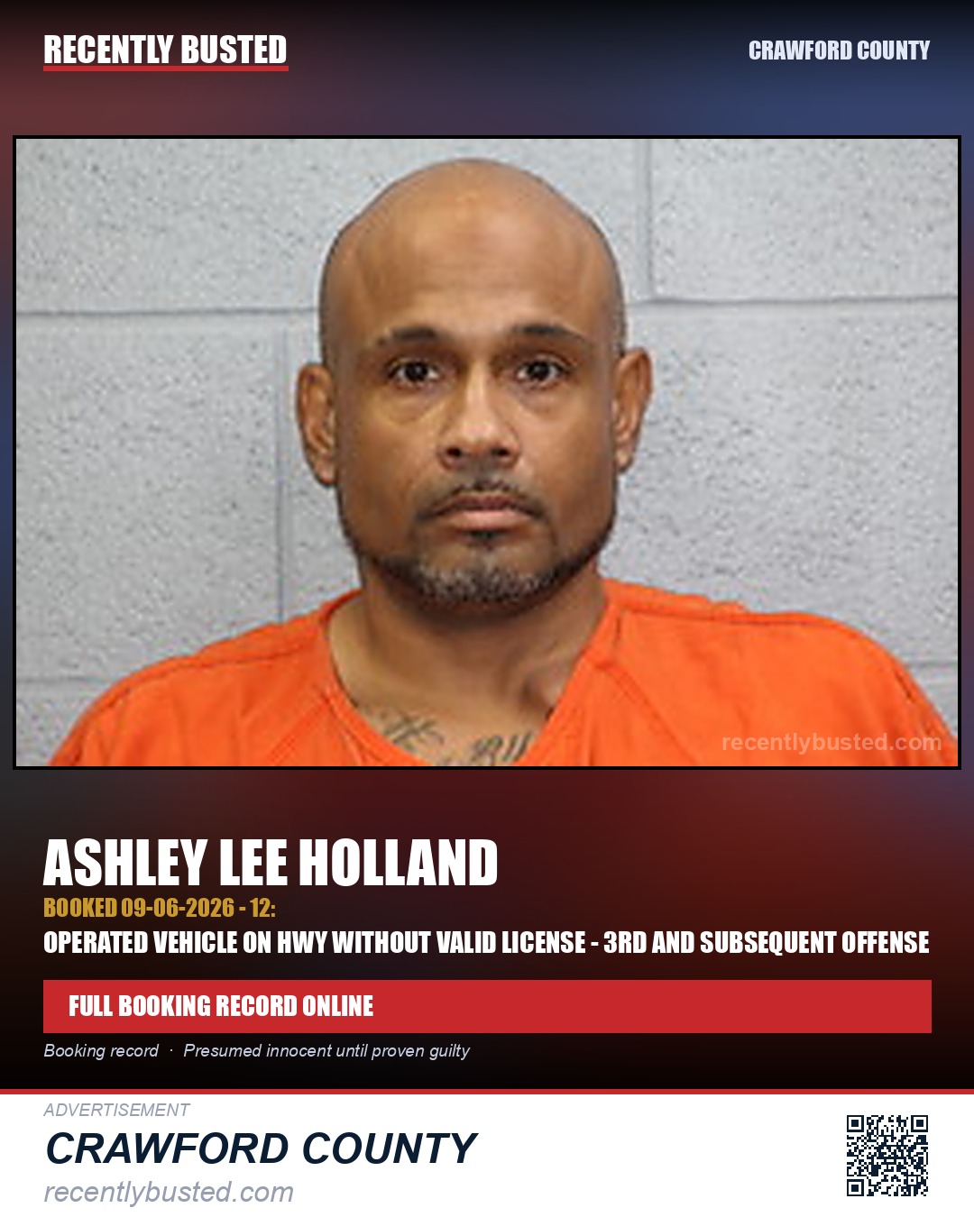 Holland, Ashley Lee — arrest record card, Crawford County