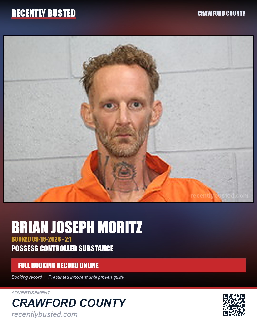 Moritz, Brian Joseph — arrest record card, Crawford County