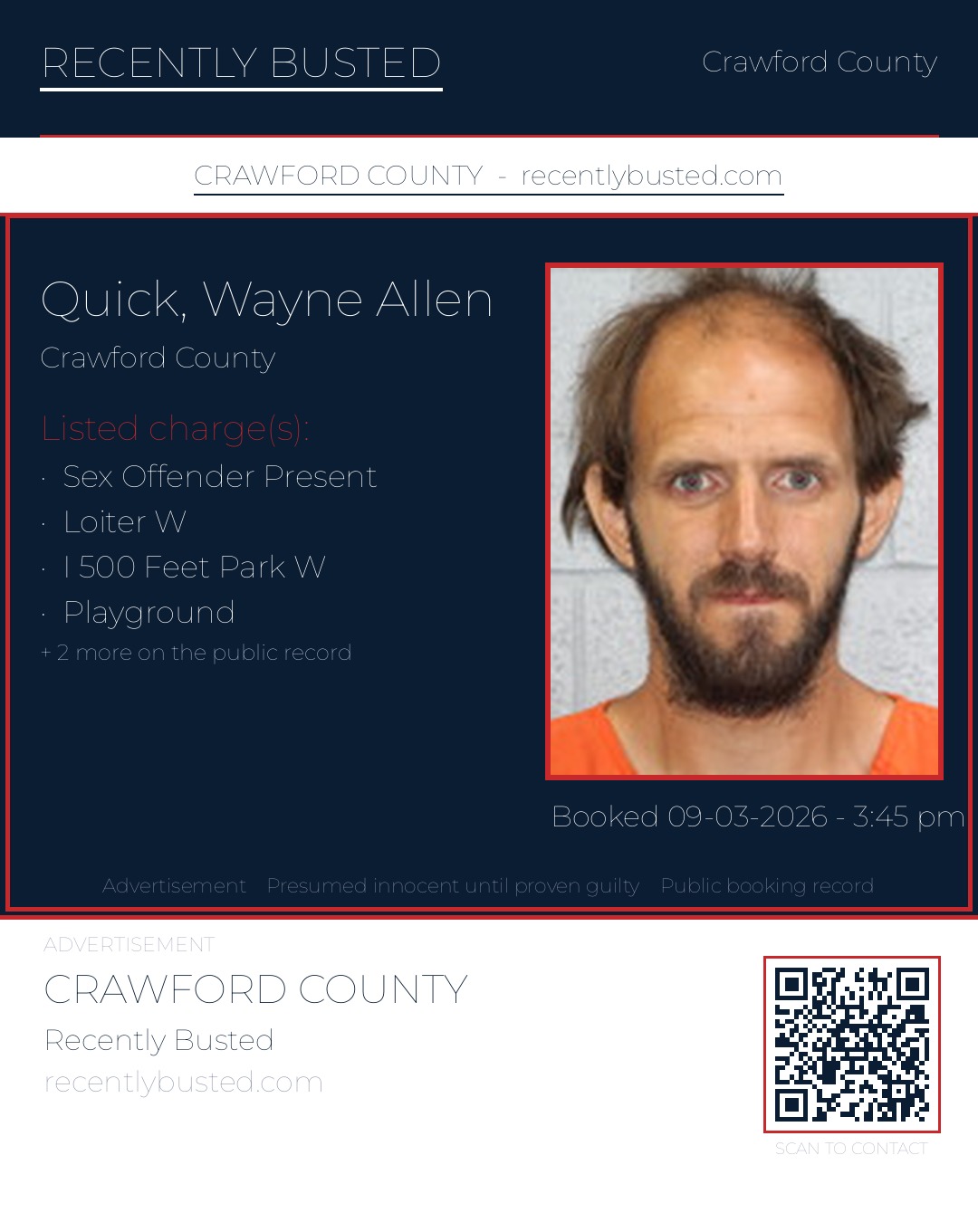 Quick, Wayne Allen — arrest record card, Crawford County
