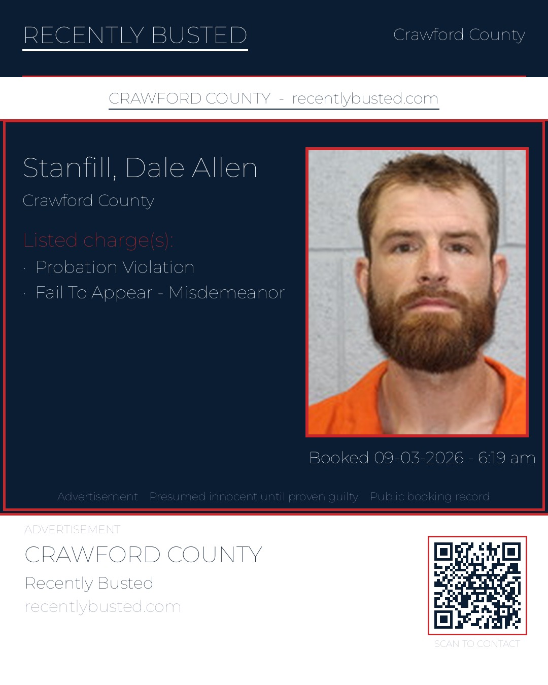 Stanfill, Dale Allen — arrest record card, Crawford County