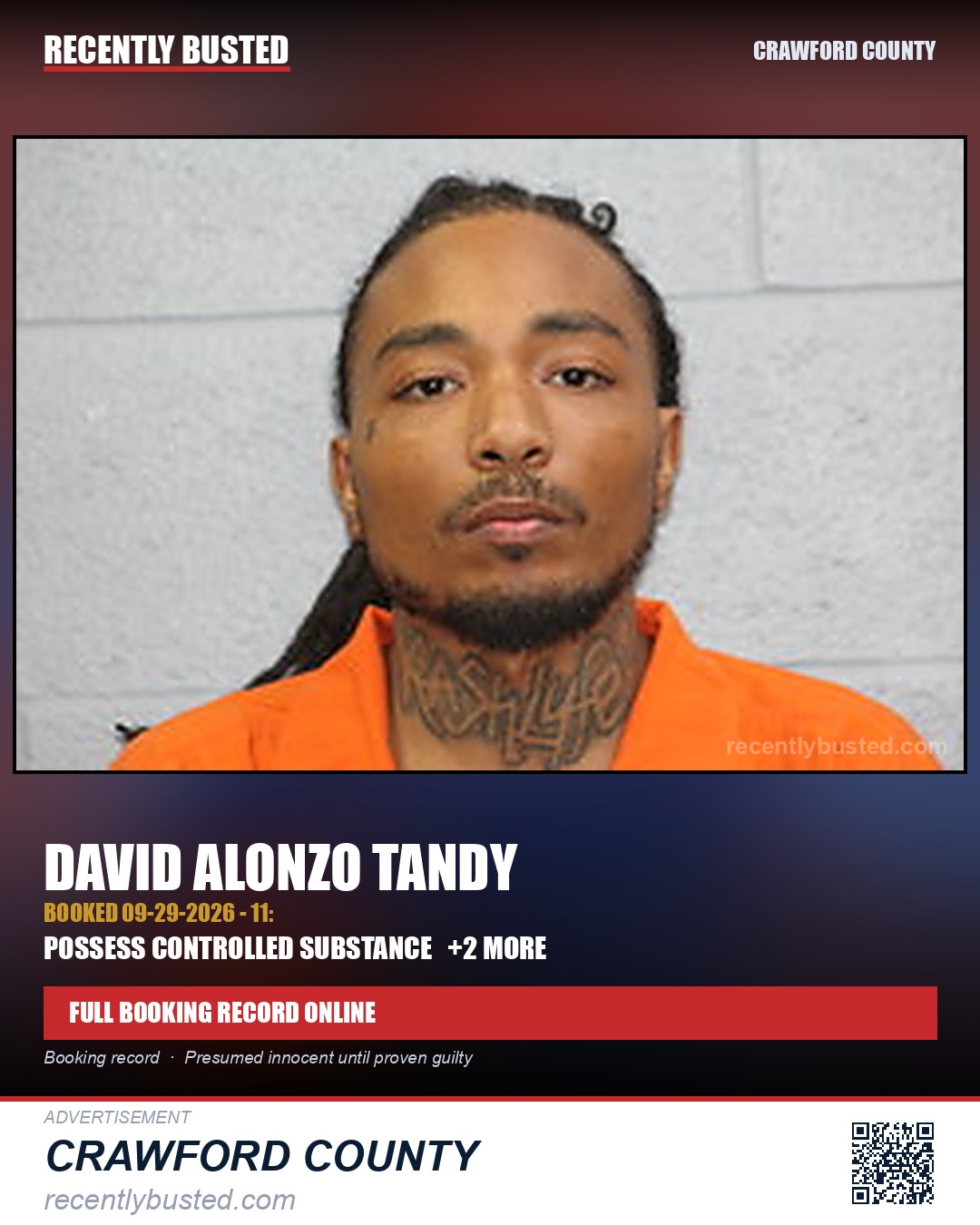 Tandy, David Alonzo — arrest record card, Crawford County
