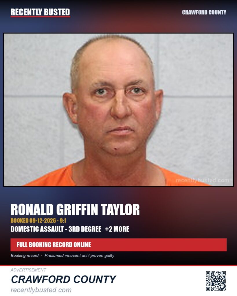 Taylor, Ronald Griffin — arrest record card, Crawford County