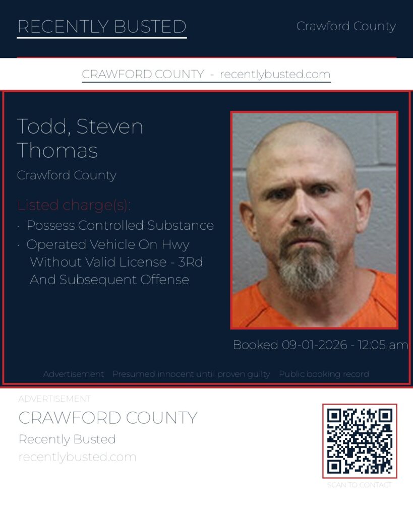 Todd, Steven Thomas — arrest record card, Crawford County