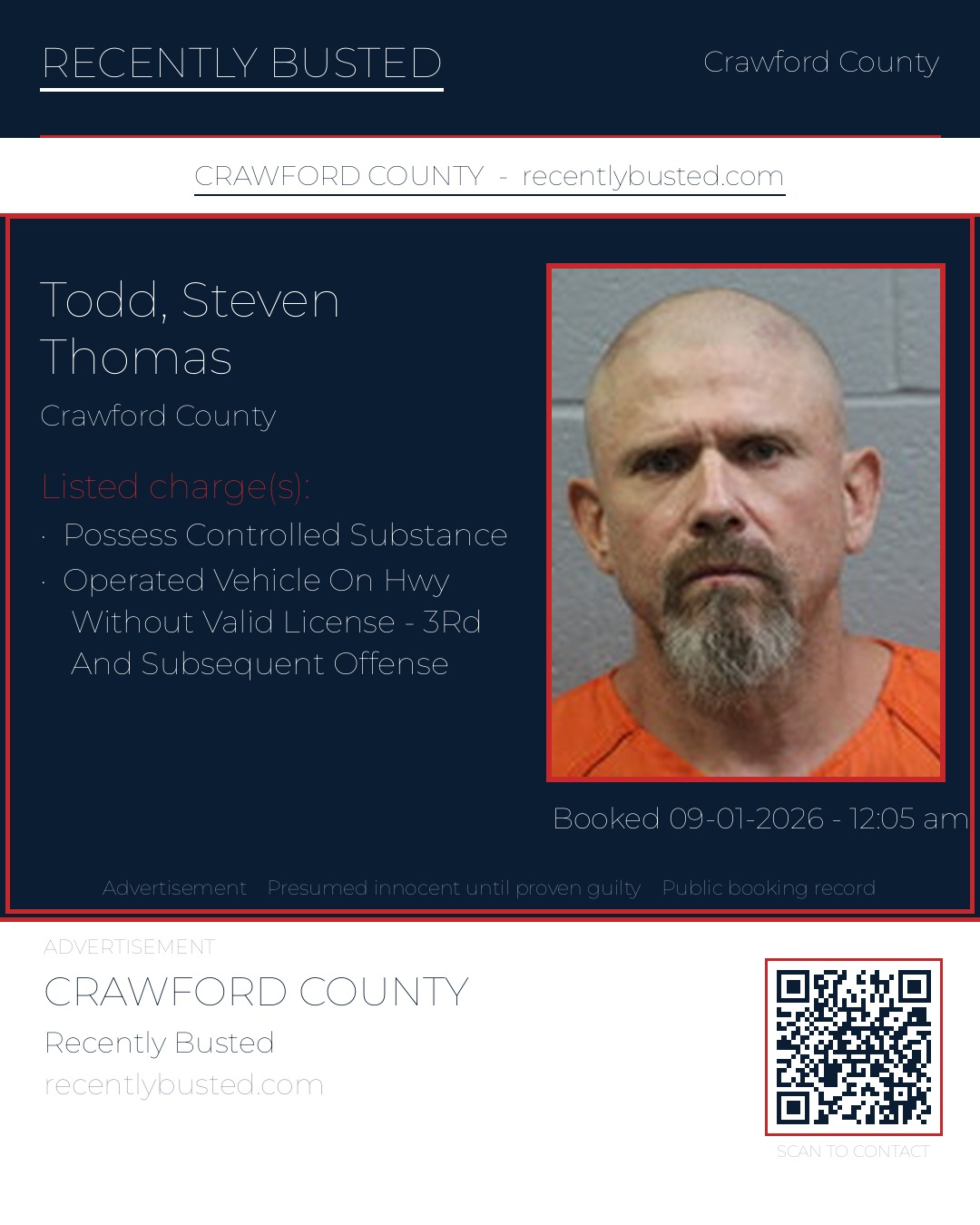 Todd, Steven Thomas — arrest record card, Crawford County