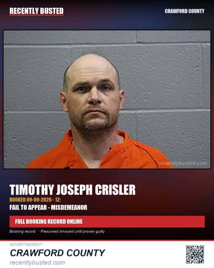 Crisler, Timothy Joseph — arrest record card, Crawford County